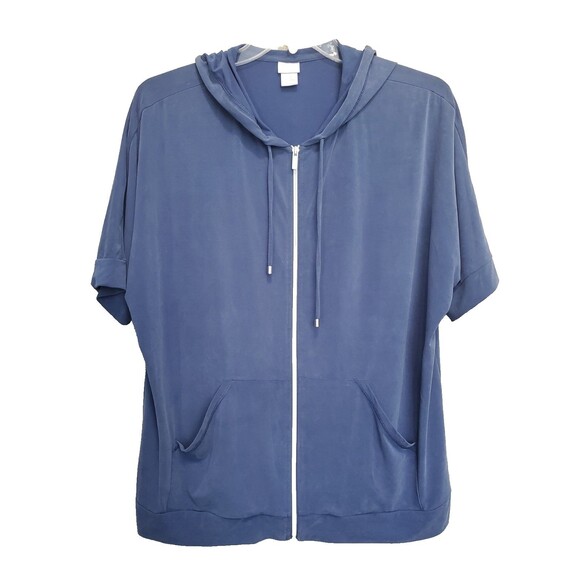 Chico's Zenergy  Blue Sandwashed Full-Zip Short Sleeve Hooded Jacket Size 3 (XL) - Picture 1 of 6